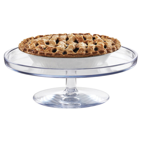 A pie on a clear Cal-Mil pedestal stand.