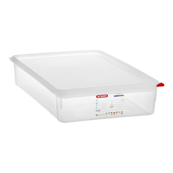 A translucent plastic Araven food pan with airtight lid.
