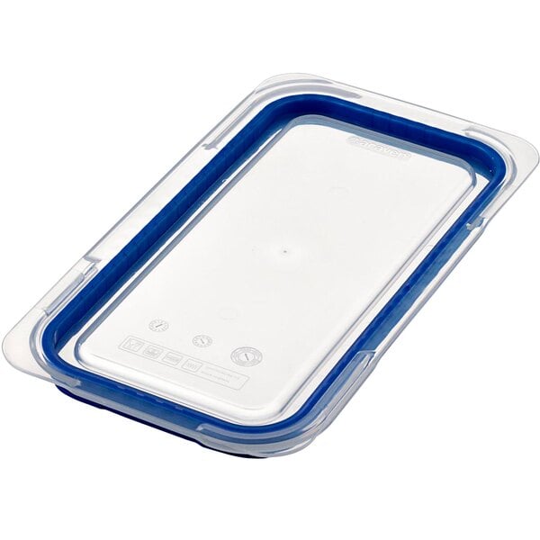 a clear plastic container with blue trim