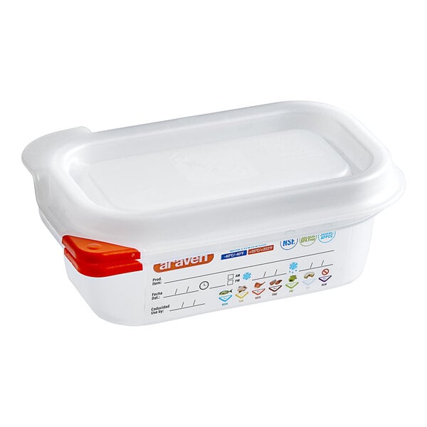 A white plastic Araven food pan with airtight lid.