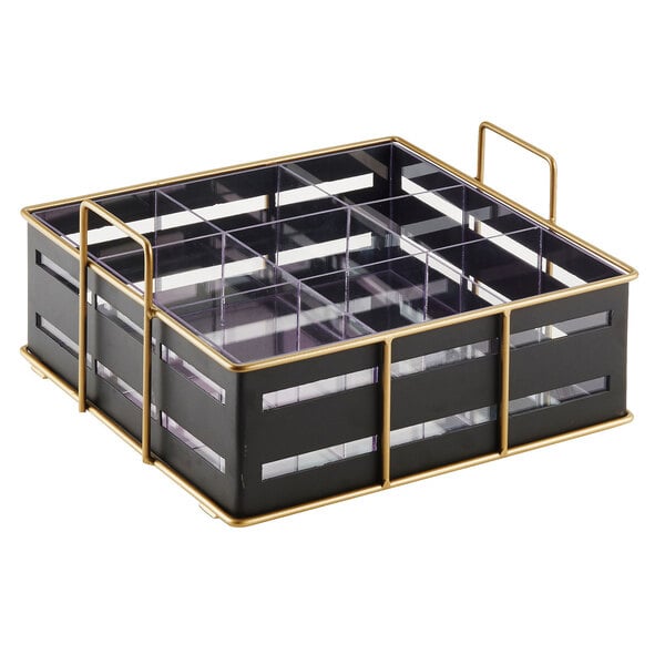 A black metal Cal-Mil organizer with nine sections.