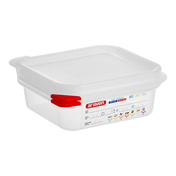 An Araven translucent plastic food pan with an airtight lid.