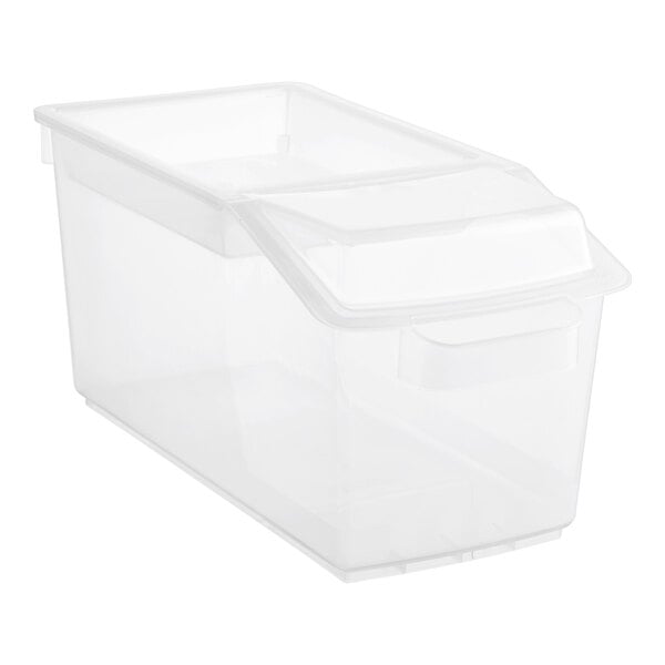 An Araven clear polypropylene container with a lid and handle.