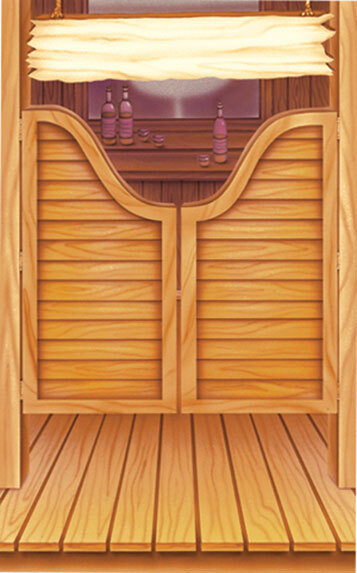 The wood surface of a Southwest themed saloon door with a mirror and bottles on it.