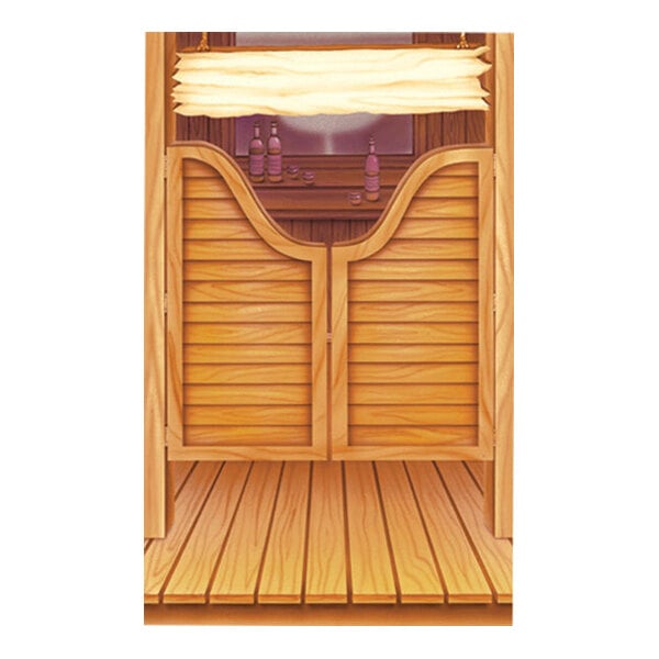 A cartoon-style illustration of swinging saloon doors with a wooden floor and bar counter in the background, featuring bottles and a blank sign above.