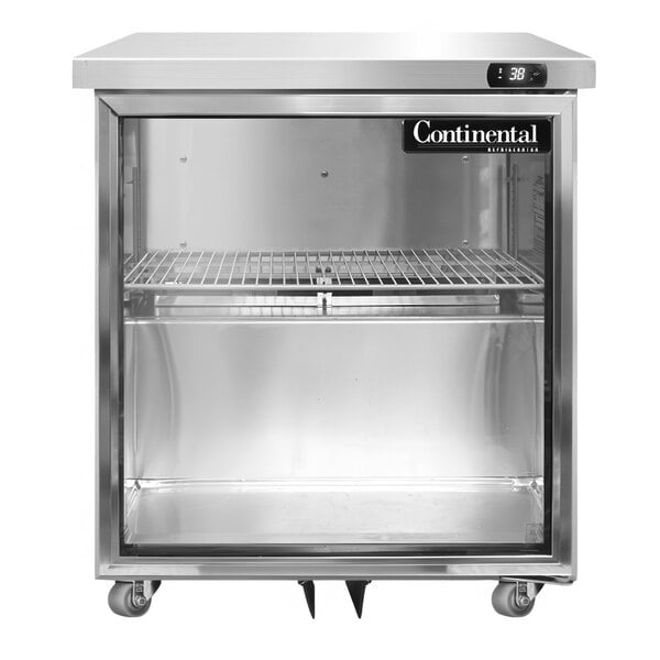 A Continental Refrigerator undercounter refrigerator with a glass door on a counter.