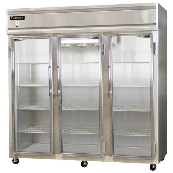 A stainless steel Continental Refrigerator with three glass doors.