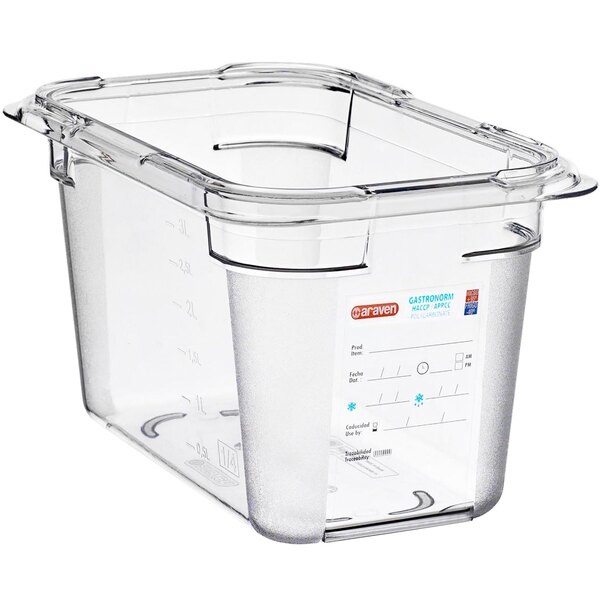 An Araven clear plastic food pan with a clear lid.