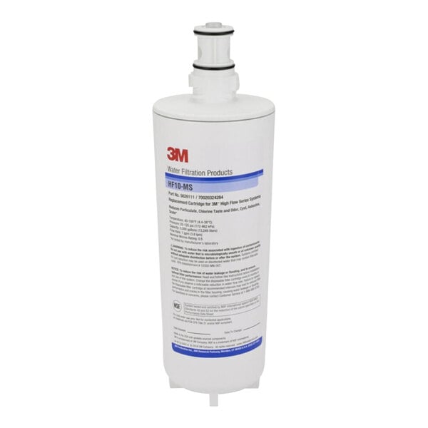 A white plastic container with a black and white label for 3M Water Filtration Products HF10-MS.