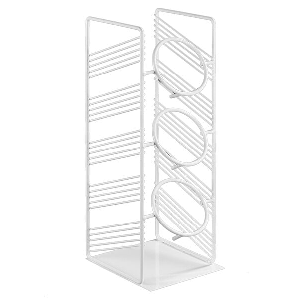 A white metal Cal-Mil Portland rack with three round cylinders.