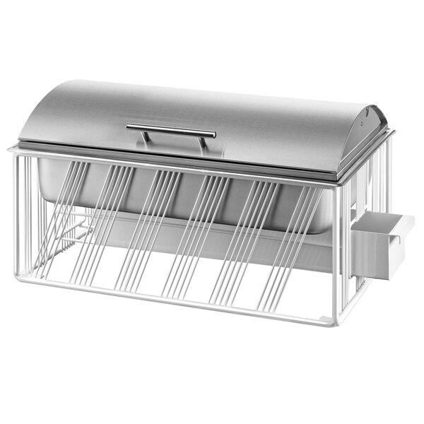 A white Cal-Mil Portland chafer with a lid and a rack.