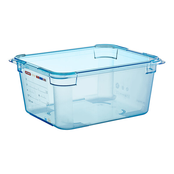 An Araven blue ABS plastic food pan with a lid.