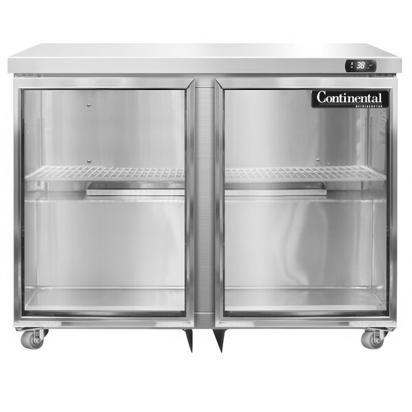 A stainless steel Continental Refrigerator with glass doors under a counter.