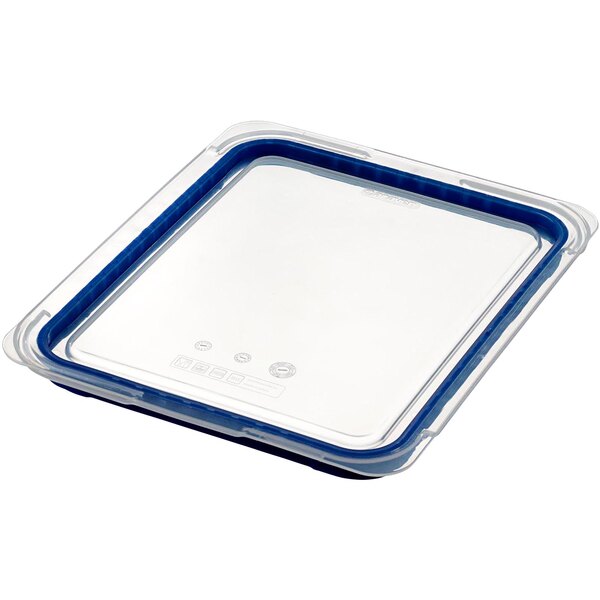 A clear rectangular Araven plastic food pan lid with blue trim.