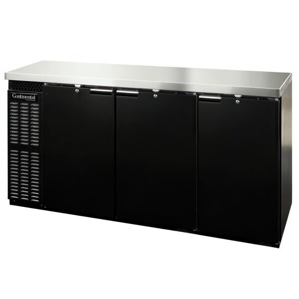 A black Continental Back Bar refrigerator with three solid doors.