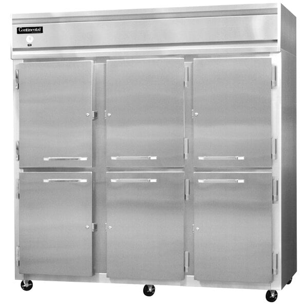 A large stainless steel Continental Refrigerator with two half doors.
