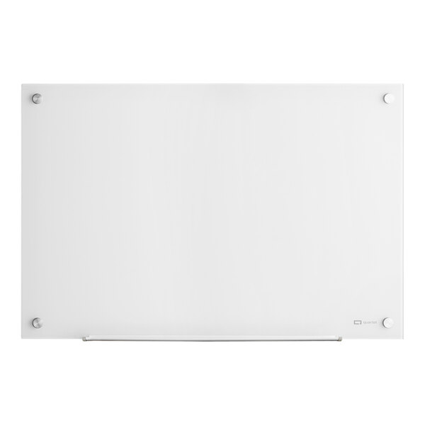 A white rectangular frameless glass board with metal knobs.