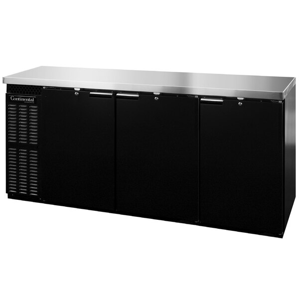 A black rectangular Continental Back Bar Refrigerator with stainless steel doors.