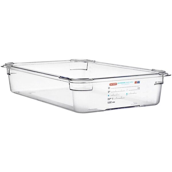 An Araven full size clear polycarbonate food pan.