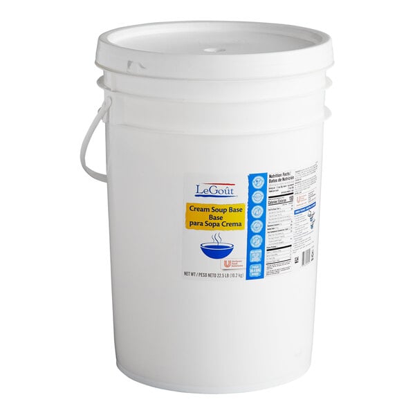 A white LeGout soup base pail with a white lid and a handle.