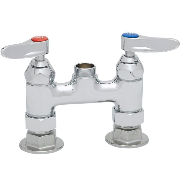 A white T&S double pantry base faucet with two chrome handles.