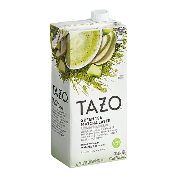 A carton of Tazo Green Tea Matcha Latte Concentrate with a white box and green label.