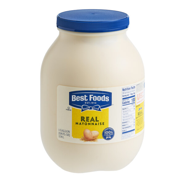 A 1-gallon jar of Best Foods Real Mayonnaise with a blue lid and product label.