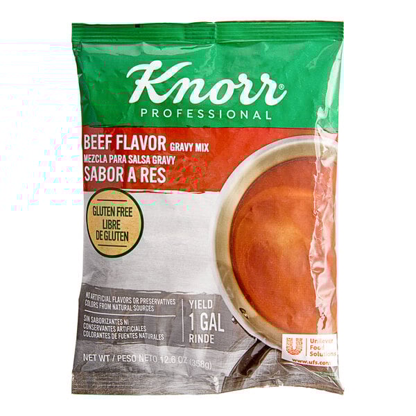 A package of Knorr Beef Flavor Gravy Mix with a label.