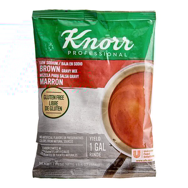 A bag of Knorr Low Sodium Brown Gravy Mix on a white background.