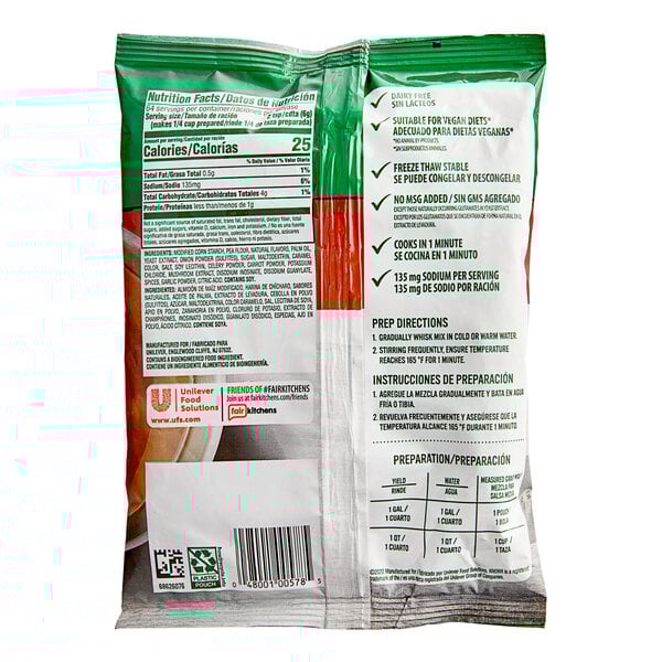 A white and blue bag of Knorr Low Sodium Brown Gravy Mix with text and images.