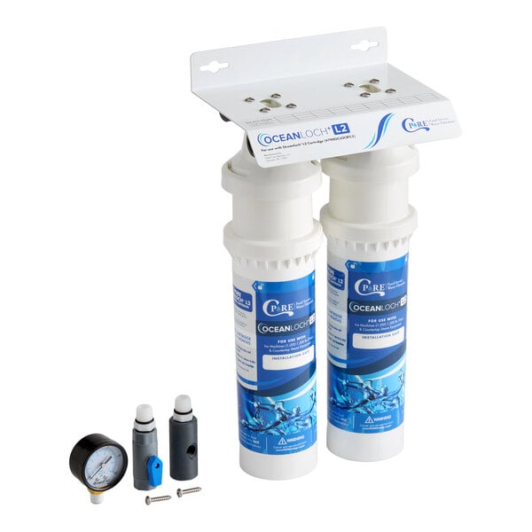 C Pure Oceanloch+ L2 Dual Water Filtration System with Oceanloch+ L2 Cartridges and Outlet Pressure Gauge 1 Micron Rating and 3.34 GPM
