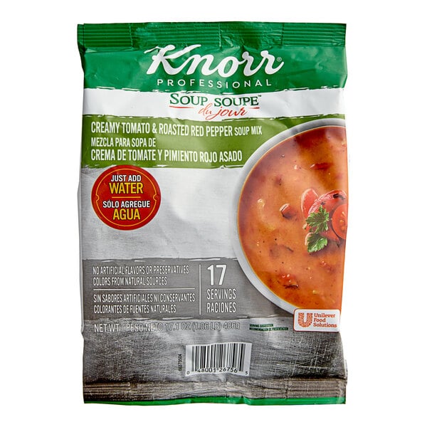 A bag of Knorr Soup du Jour Creamy Tomato and Roasted Red Pepper Soup mix on a white background.