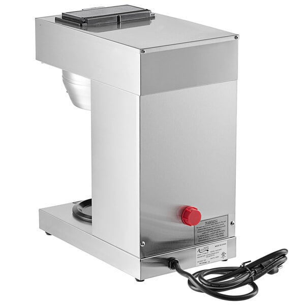 A silver Avantco automatic coffee maker with a red button.