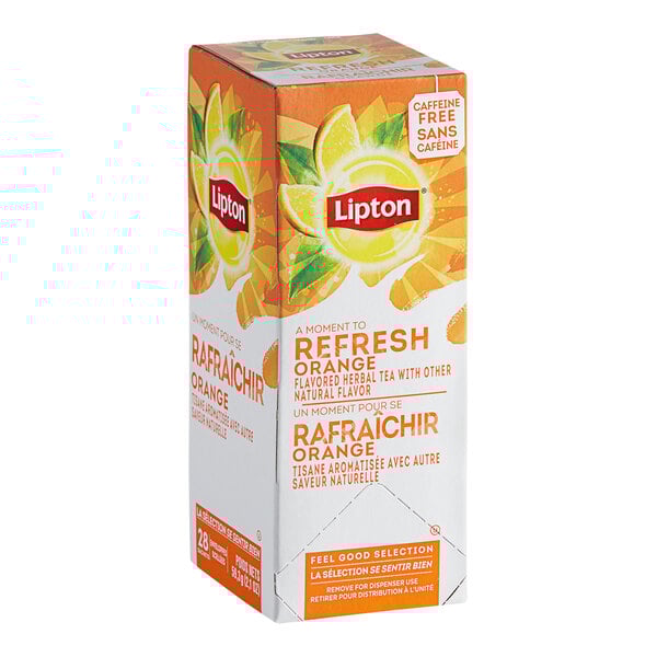 A box of Lipton Orange Herbal Tea Bags with white and orange text.