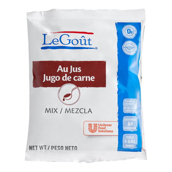 A white and blue packet labeled 'LeGoût Au Jus Jugo de carne Mix/Mezcla' with serving and preparation information printed on the front.