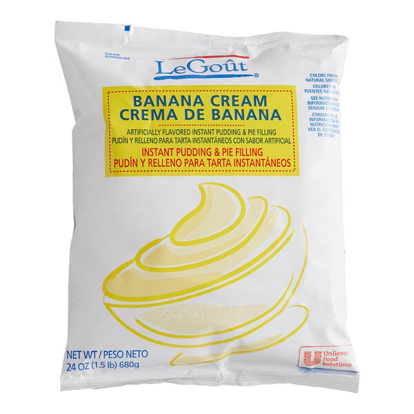 A white bag labeled "LeGoût Banana Cream Instant Pudding & Pie Filling" with a yellow illustration of pudding in a bowl.