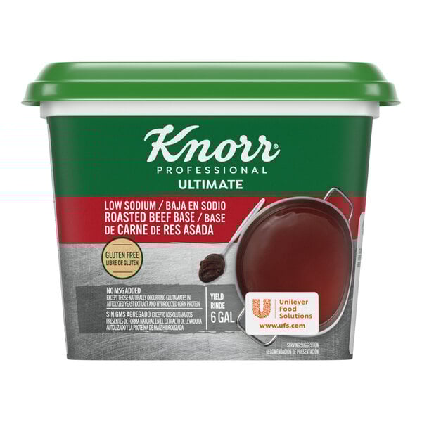 A 1 lb. container of Knorr Professional Ultimate Low Sodium Roasted Beef Base.