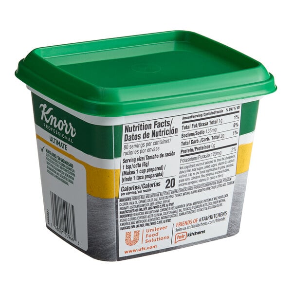 A 1 lb. container of Knorr Ultimate Low Sodium Beef Bouillon Base with a green lid.