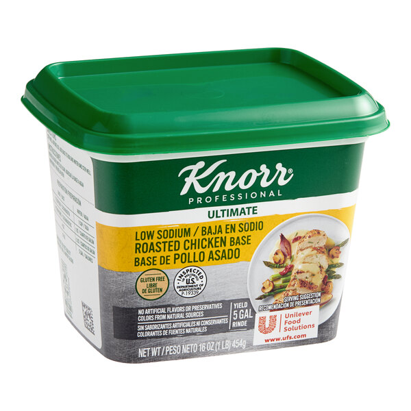A 1-pound container of Knorr Professional Ultimate Low Sodium Roasted Chicken Base.