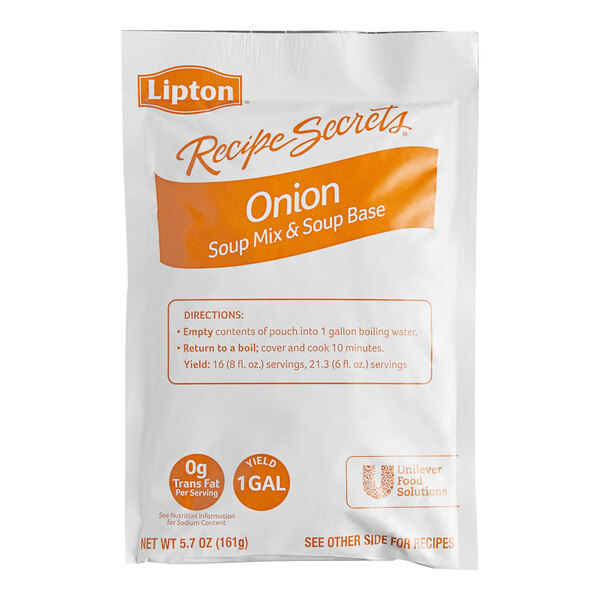 A white package of Lipton Onion Soup Mix with orange text.