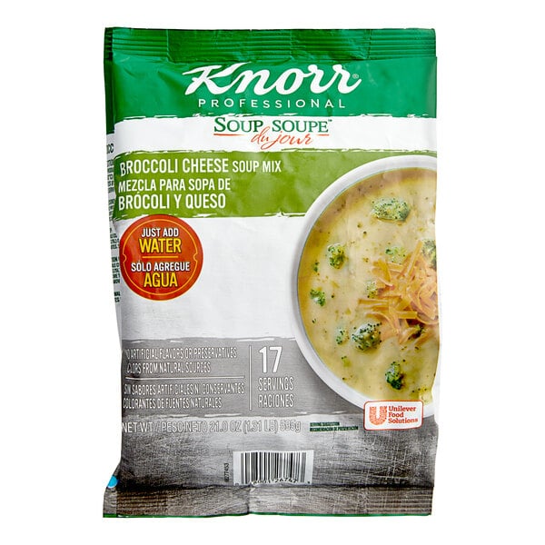 A package of Knorr Soup du Jour Broccoli Cheese Soup Mix with a bowl of broccoli and cheese soup.