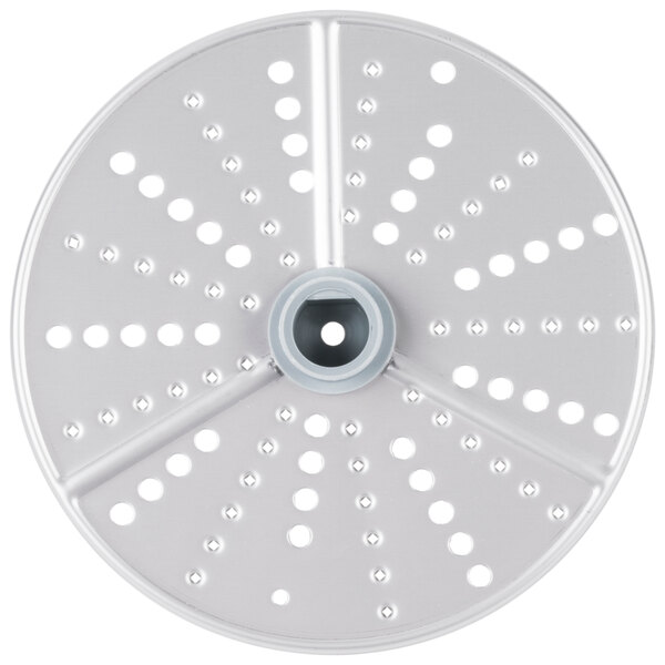 A white circular Robot Coupe hard cheese grating disc with holes in it.