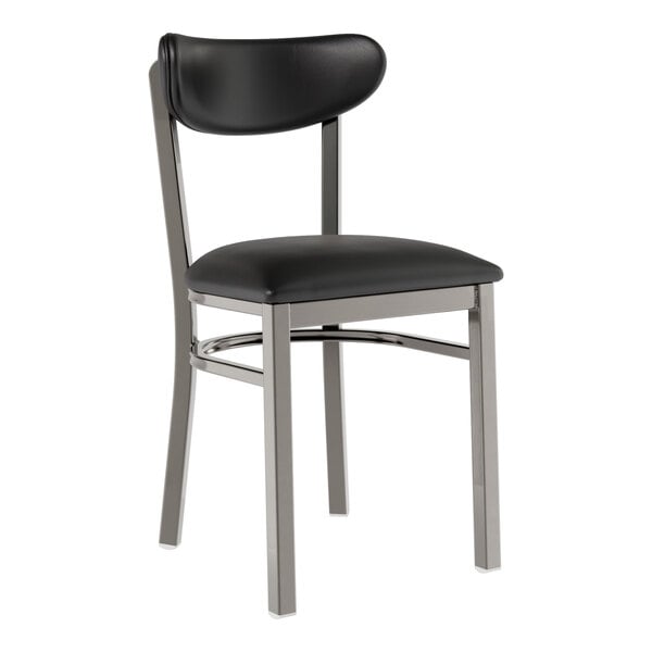 A black metal Lancaster Table & Seating chair with black vinyl seat and back.