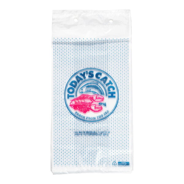 A clear plastic bag with blue dotted patterns and a circular logo featuring a fish and a lobster, labeled 'TODAY'S CATCH FRESH FROM THE SEA.'
