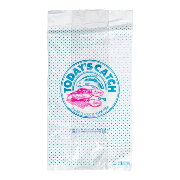 A white plastic bag with blue polka dots and a circular logo featuring a fish and a crab, labeled 'Today's Catch Fresh From The Sea.'