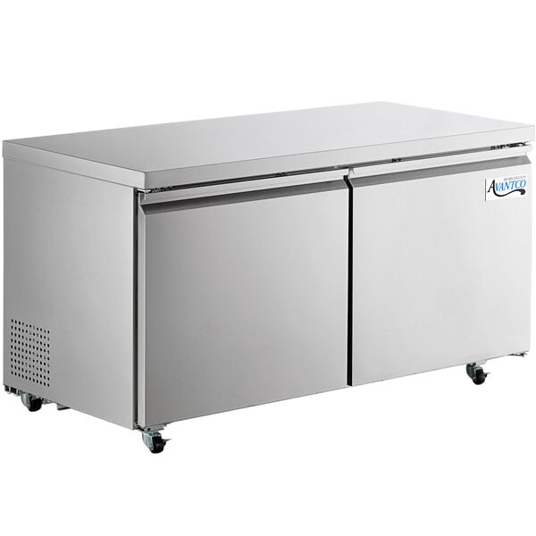 Two Avantco stainless steel undercounter refrigerators on wheels.