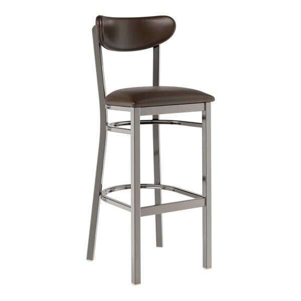Lancaster Table & Seating Boomerang Clear Coat Finish Bar Stool with Dark Brown Vinyl Seat and Back