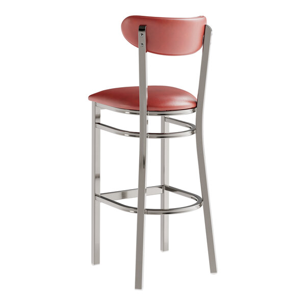 A Lancaster Table & Seating bar stool with a burgundy vinyl seat and back and chrome legs.