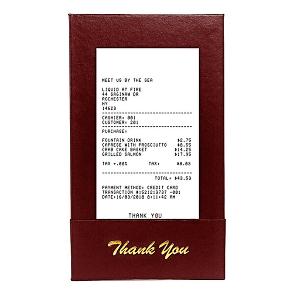 A red H. Risch wine check presenter with a receipt inside.