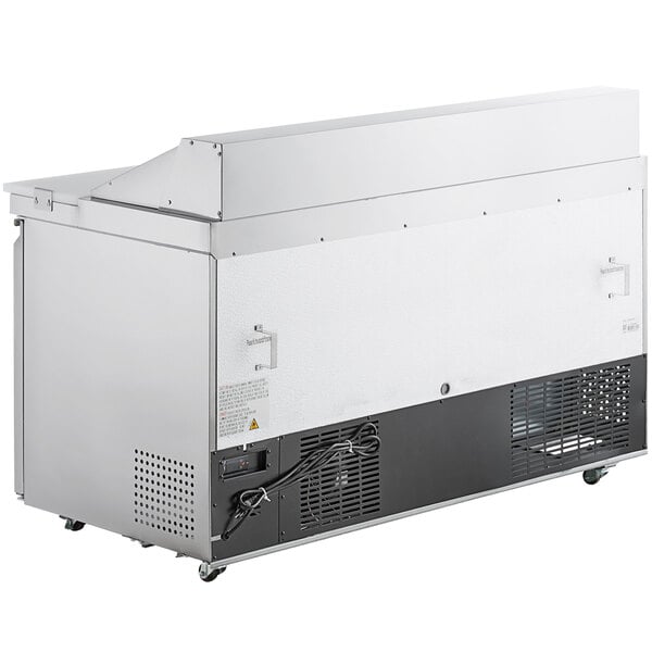 A large silver and black Avantco refrigerator with black and grey accents.